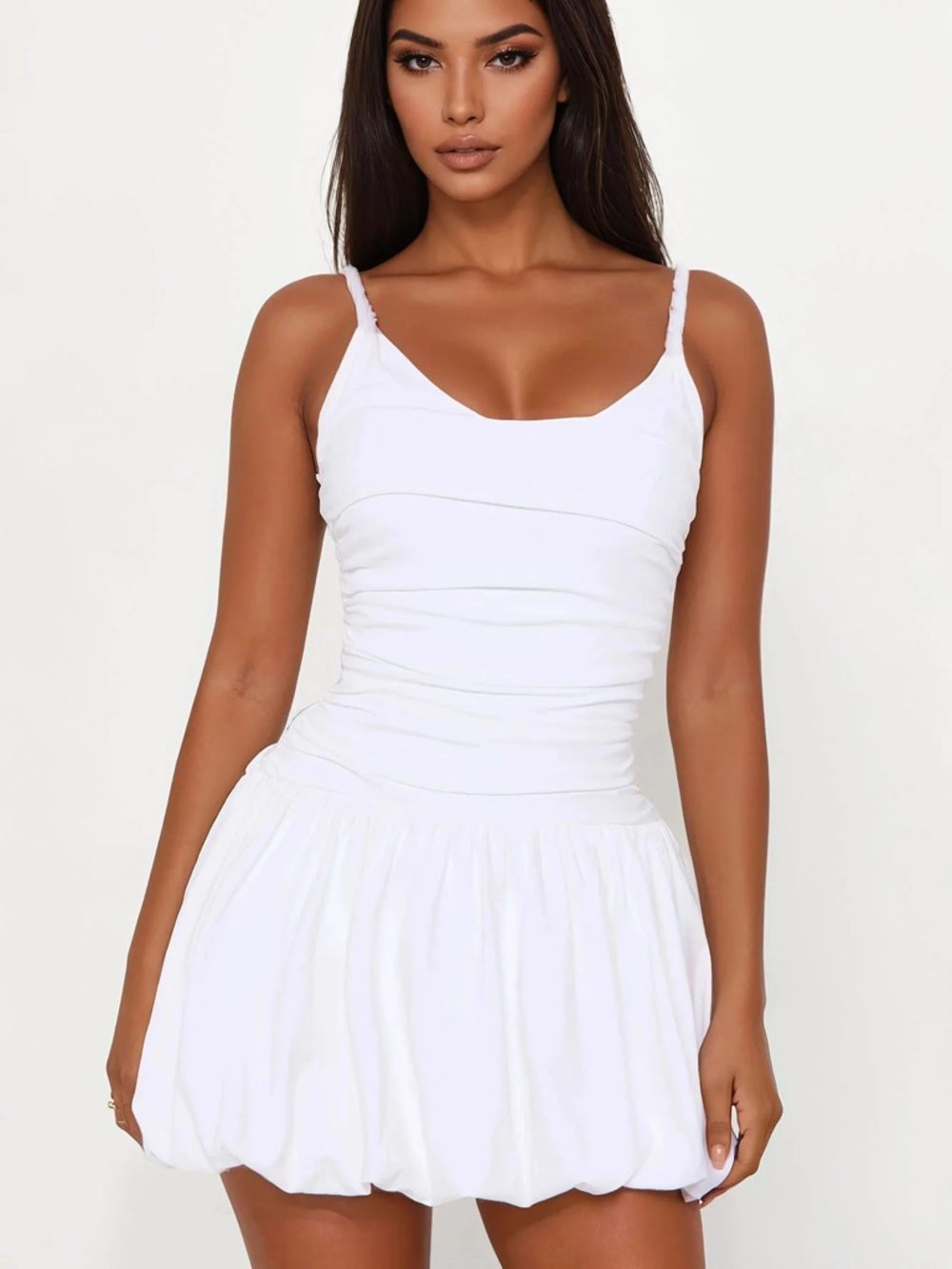Felicity Ruched Bubble Mini Dress - White Cotton 
Fashion nova